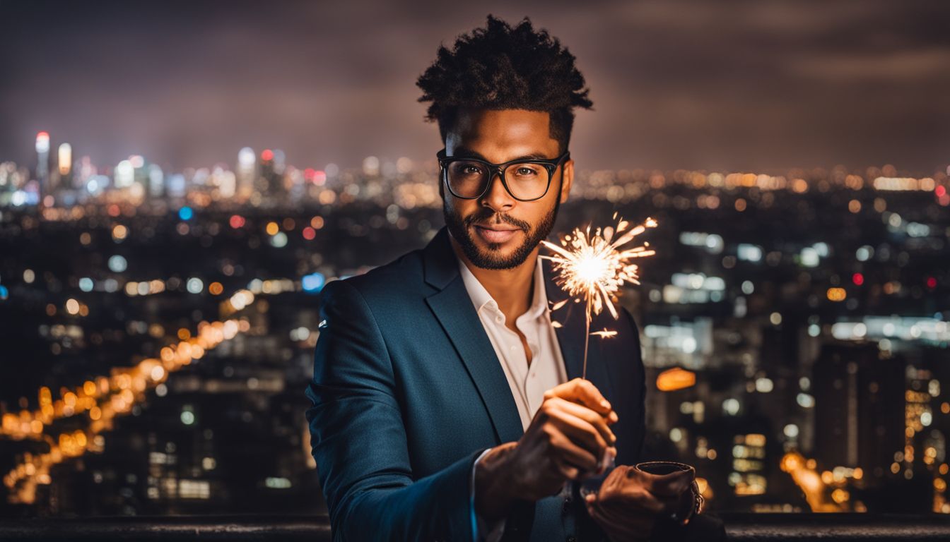 A business professional holding a sparkler in front of a city skyline at night.