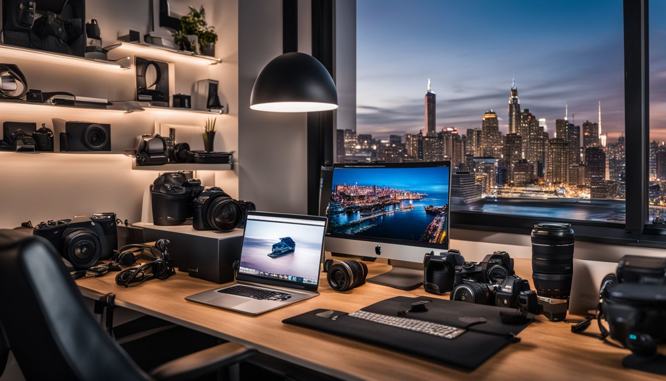 A desk displaying high-tech gadgets and accessories with a cityscape background.