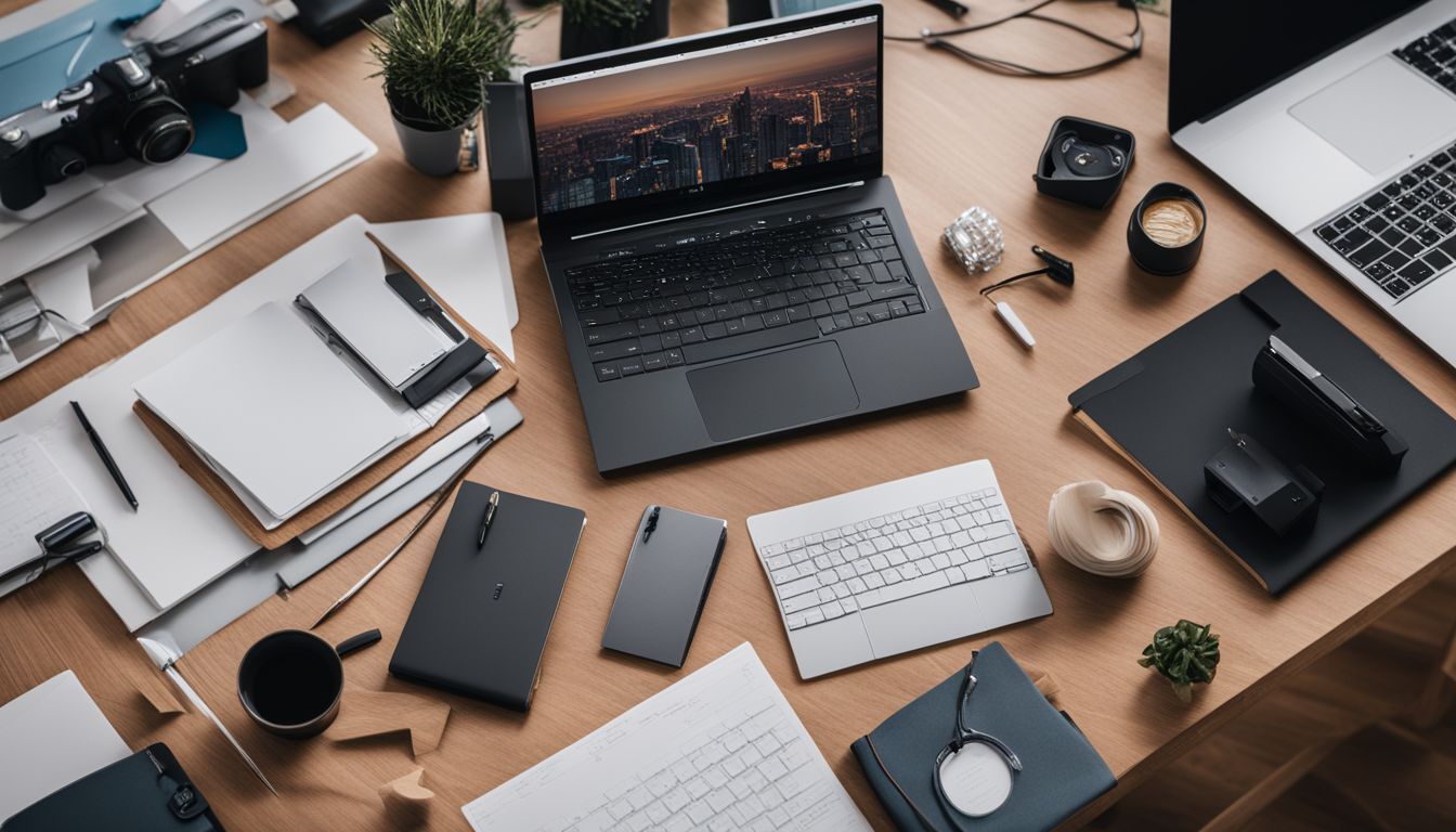 A laptop and office supplies surrounded by diverse cityscape photography.