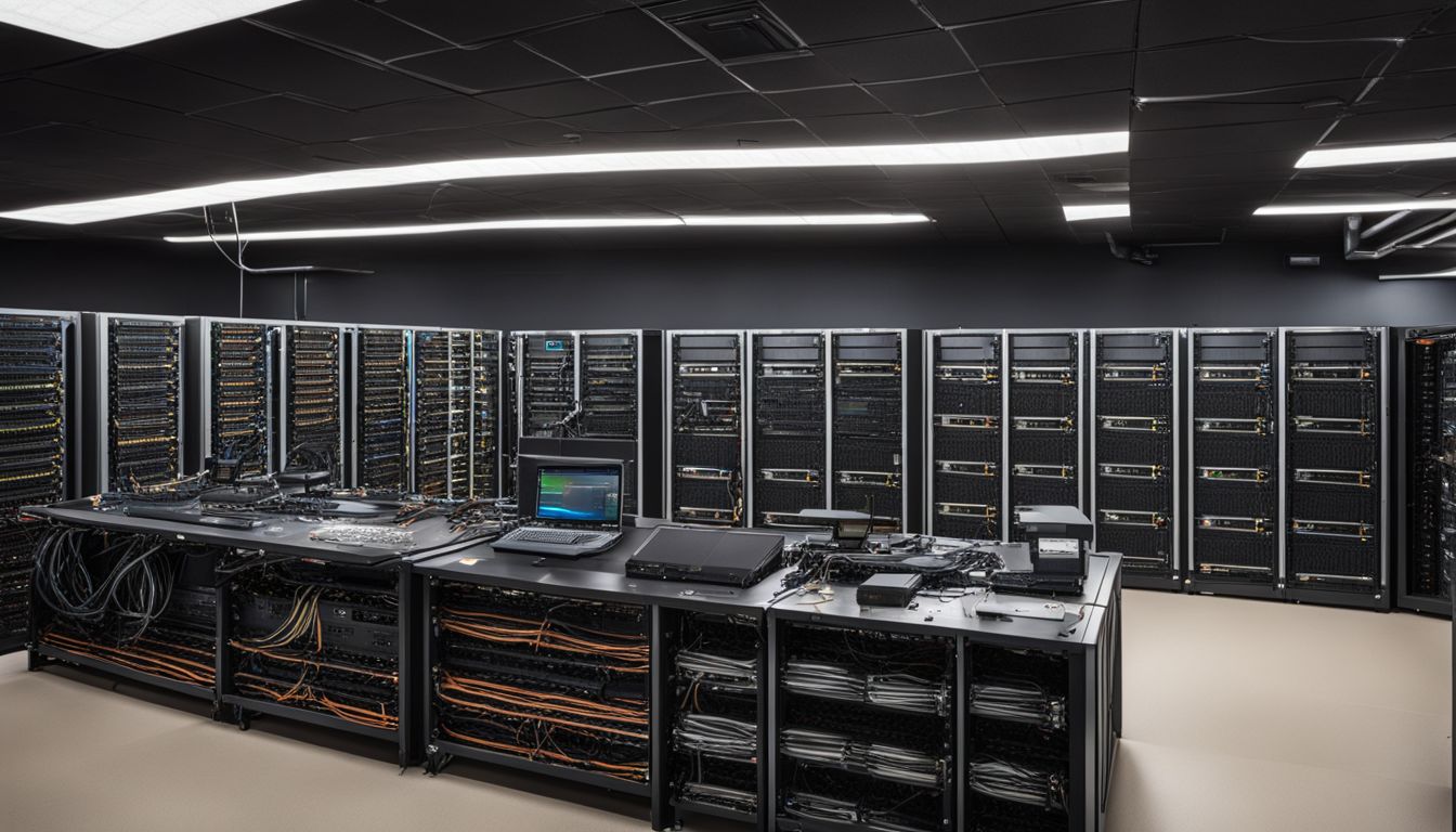 A tidy, well-organized data server room with neatly arranged equipment.