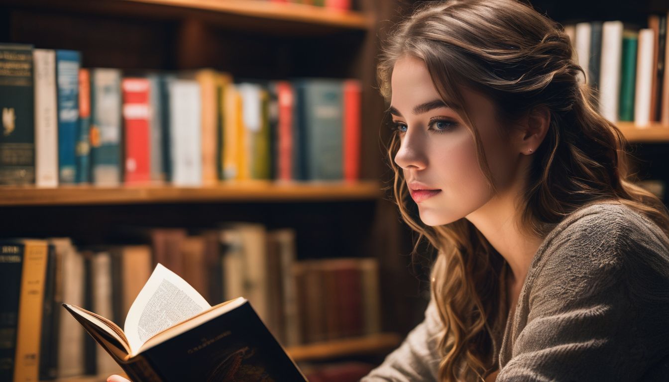 A young woman engrossed in a book in a cosy library setting.