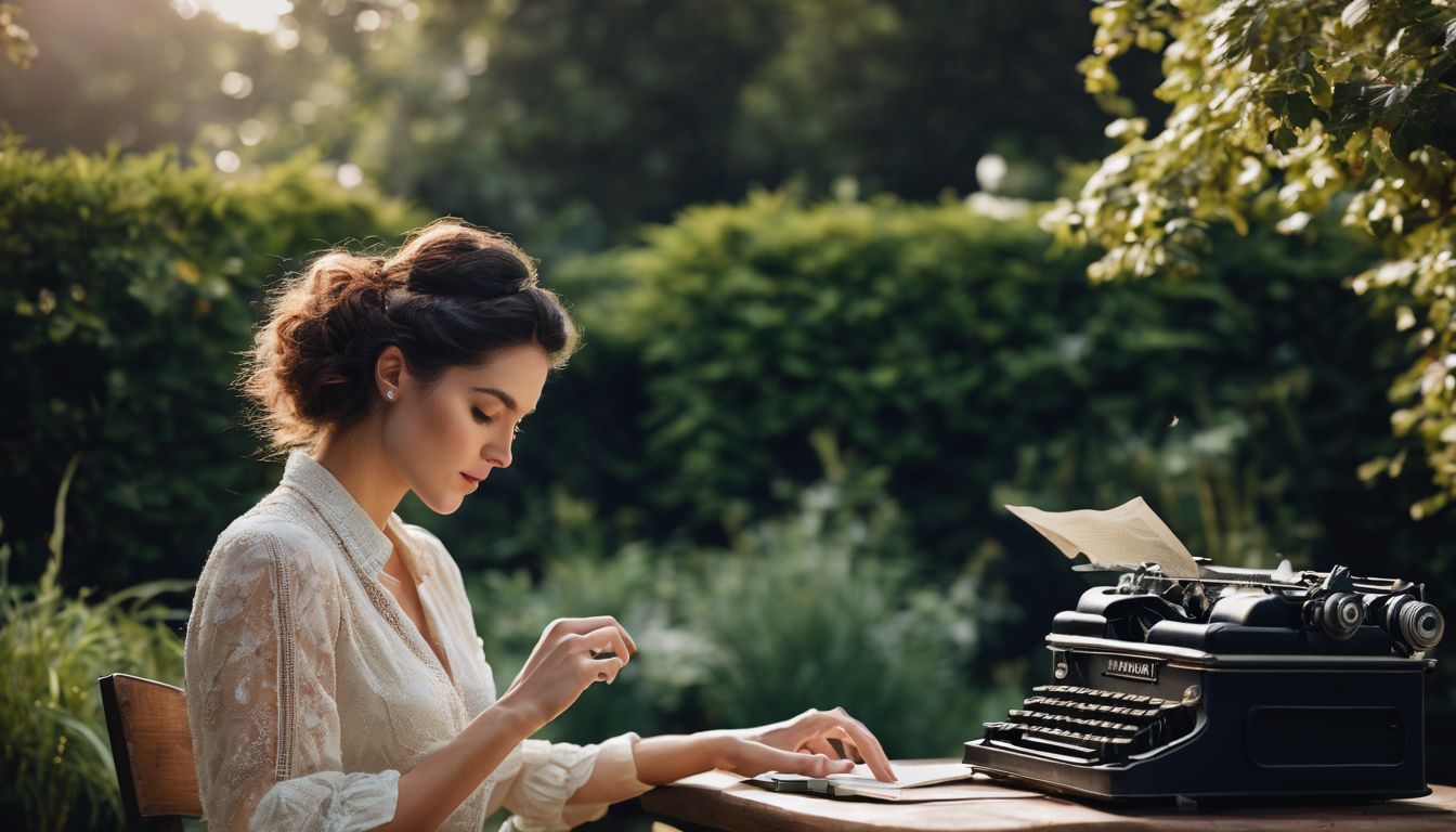 A person typing on a vintage typewriter in a peaceful garden.