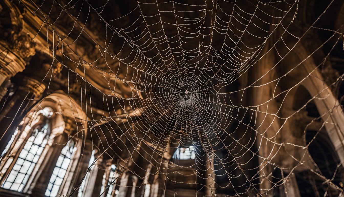 A photo of a spider web in decaying urban surroundings with diverse people.