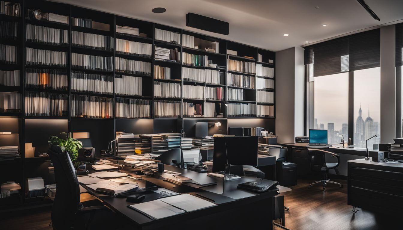 A tidy office desk with organized documents and a busy cityscape.