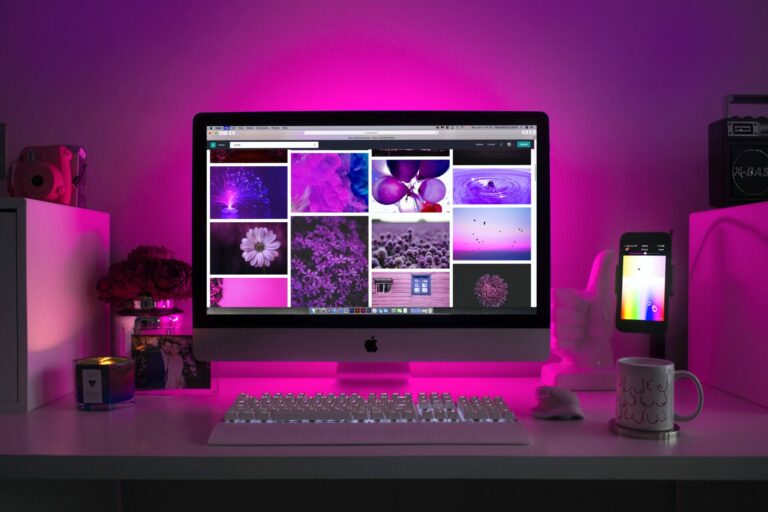 Computer showing purple and pink stock photos