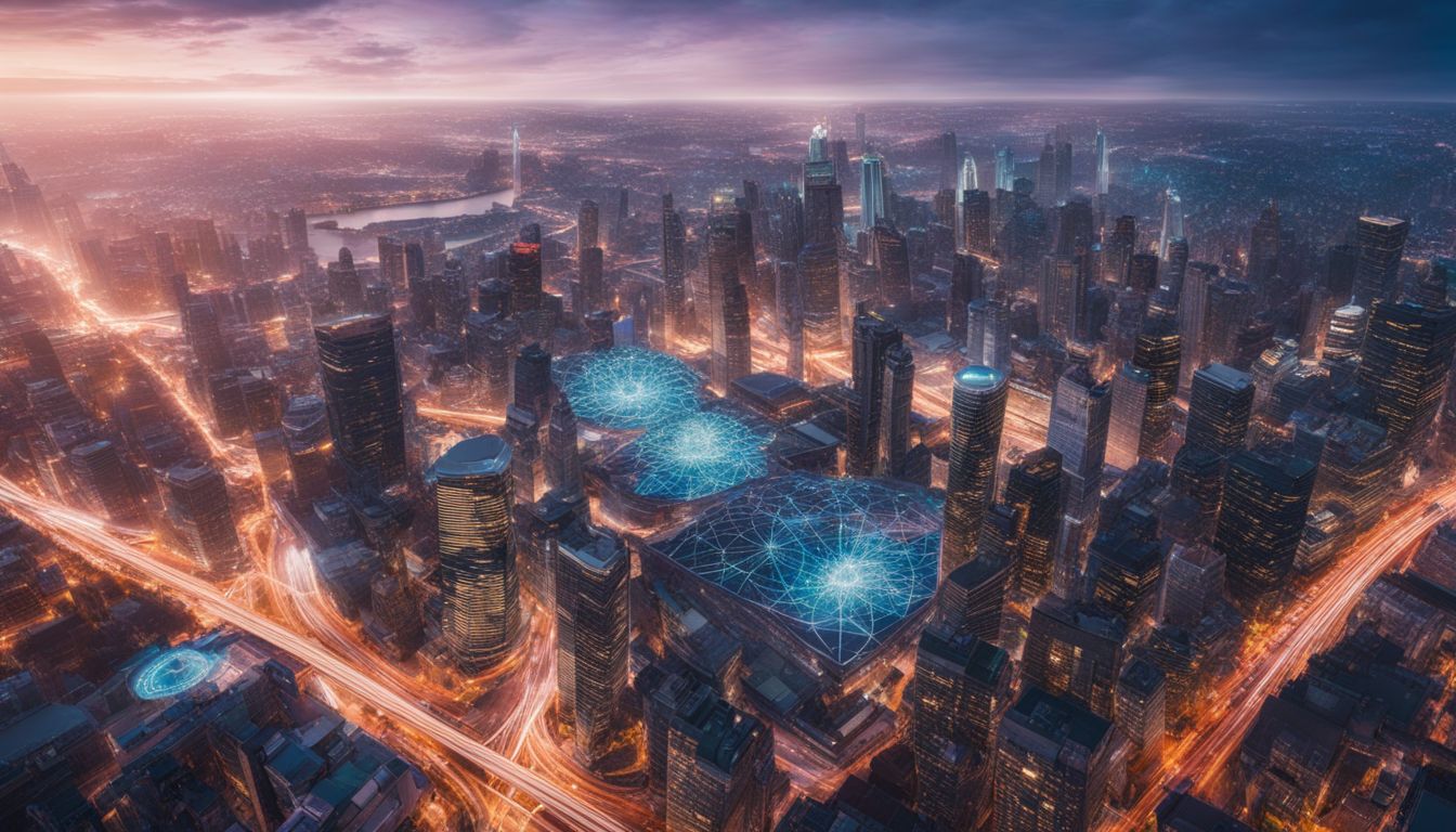 A bustling futuristic cityscape with interconnected digital networks featuring diverse people and a vibrant atmosphere.
