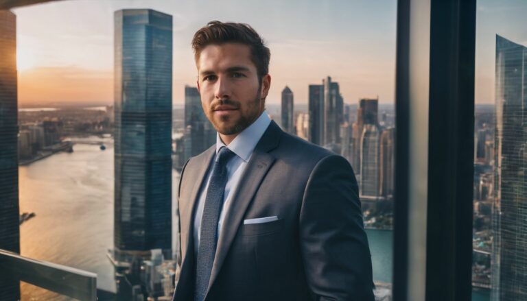 A man stood in front of a large window over a city