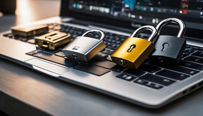 Five locks resting on a laptop