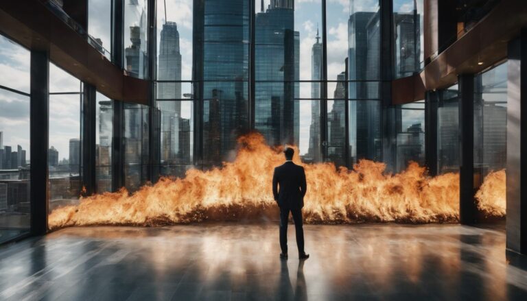 A man stood in front of a wall of fire