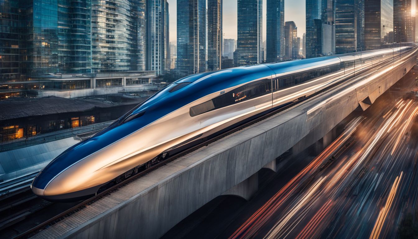 A high-speed bullet train passing through a modern city skyline with diverse people and bustling atmosphere.