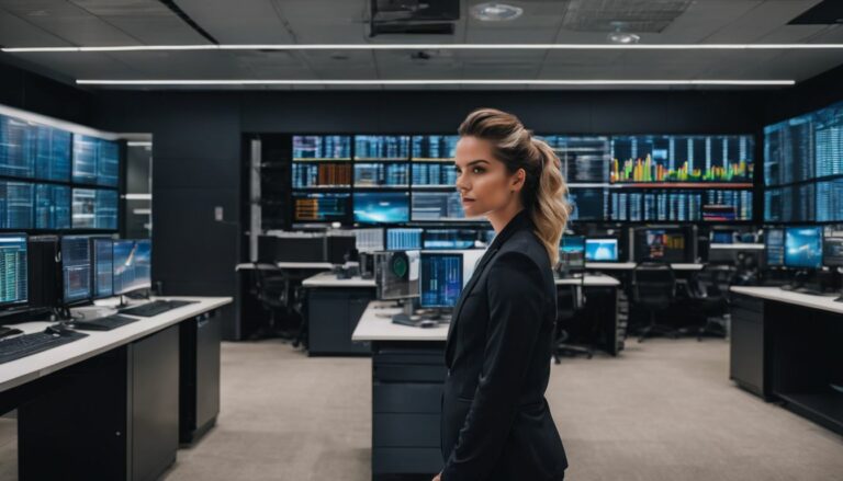 A woman walking through an office with lots of technology