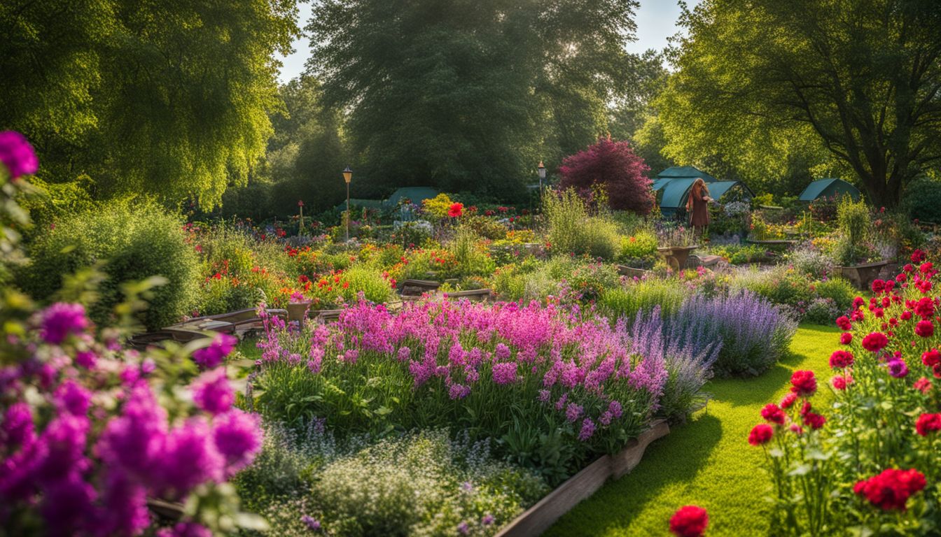 A picturesque community garden with diverse people enjoying the vibrant flowers and peaceful atmosphere.