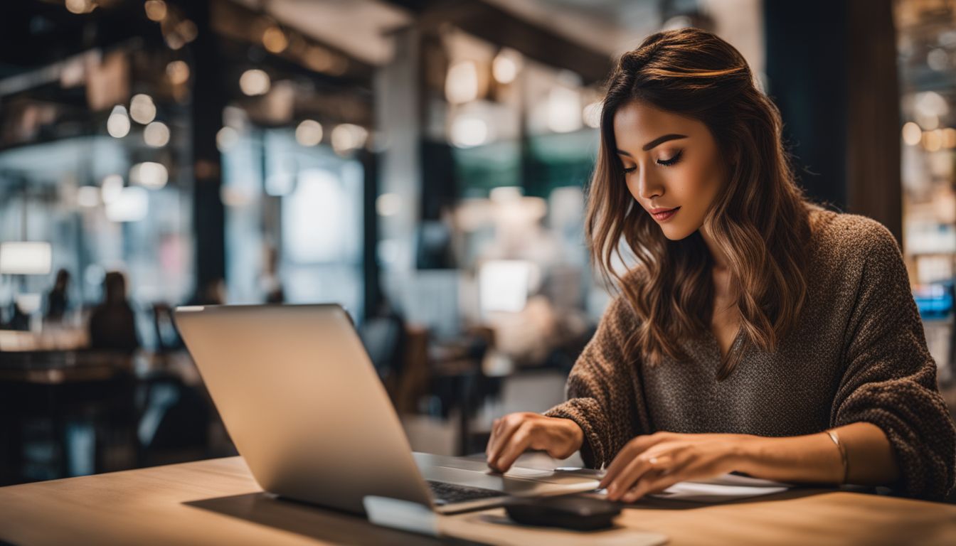 An online shopper entering credit card details on a secure website with a cityscape background.