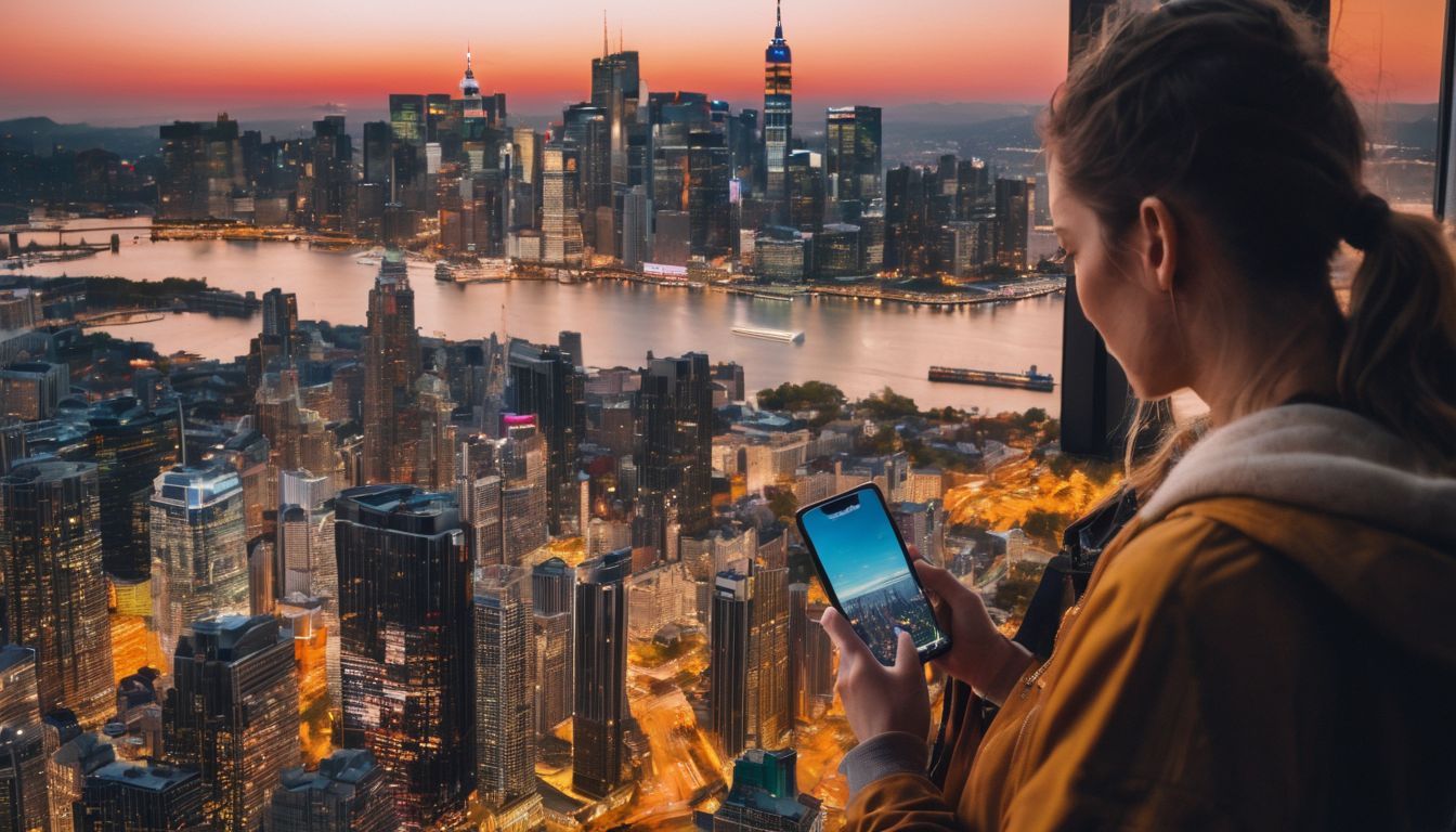 A person using a mobile device to browse a website with a vibrant cityscape in the background.