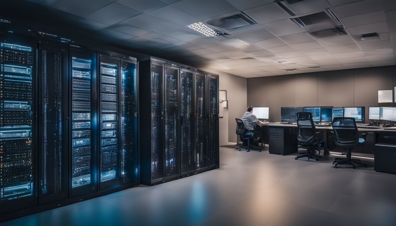 A high-security data server room with advanced technology and busy atmosphere.