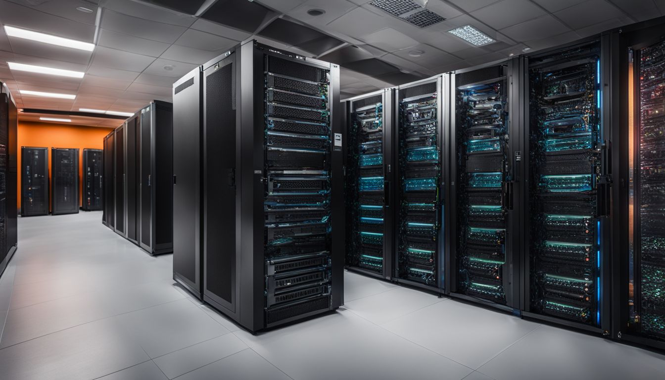 A secure server room with a powerful firewall system and a bustling atmosphere.