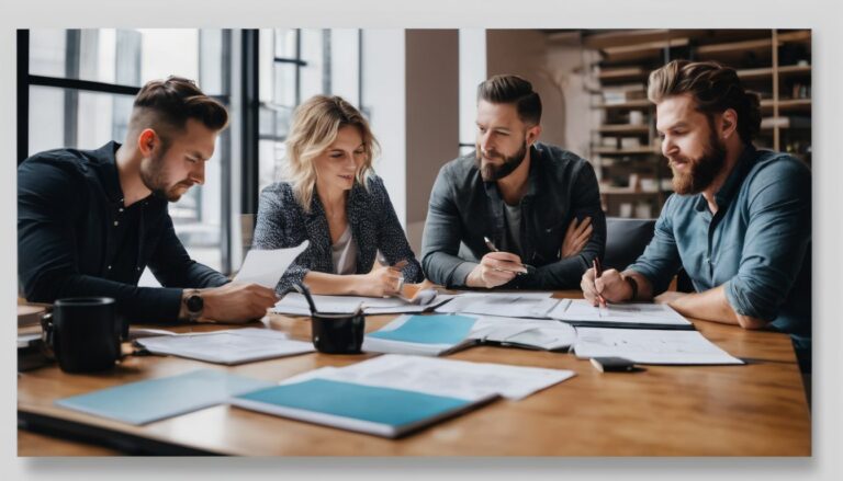A group of people having a meeting around a desk