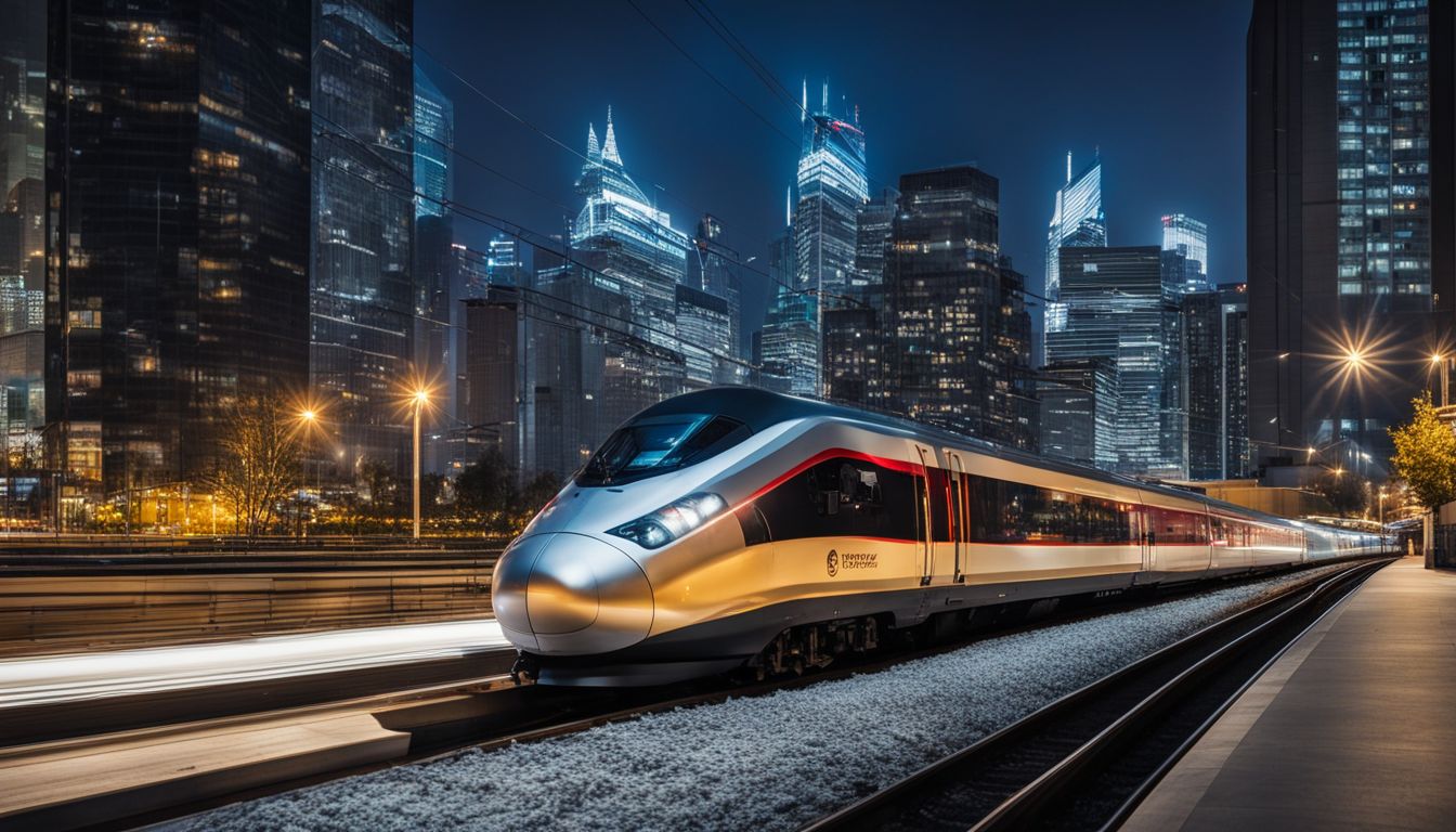 A high-speed train travels through a modern city at night, capturing the bustling atmosphere.