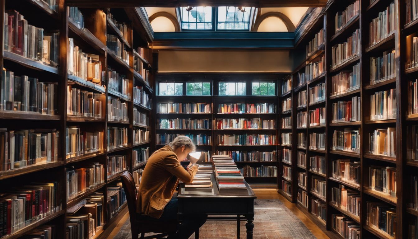 A person is browsing a well-organized library with neatly sorted books in a bustling atmosphere.