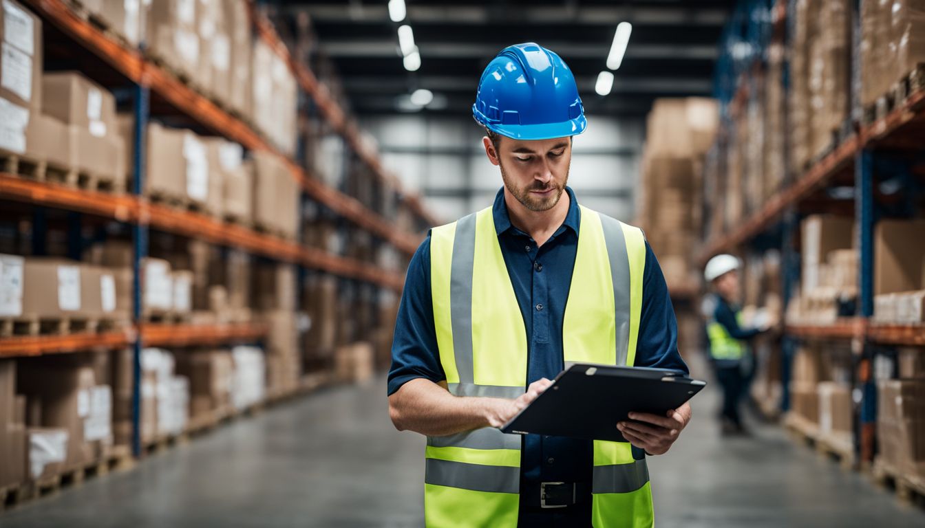 A warehouse manager uses smart software to examine inventory in a bustling atmosphere.