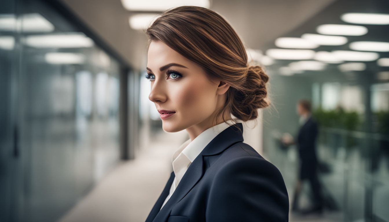 A woman in a business suit entering a secure office building in a busy city.