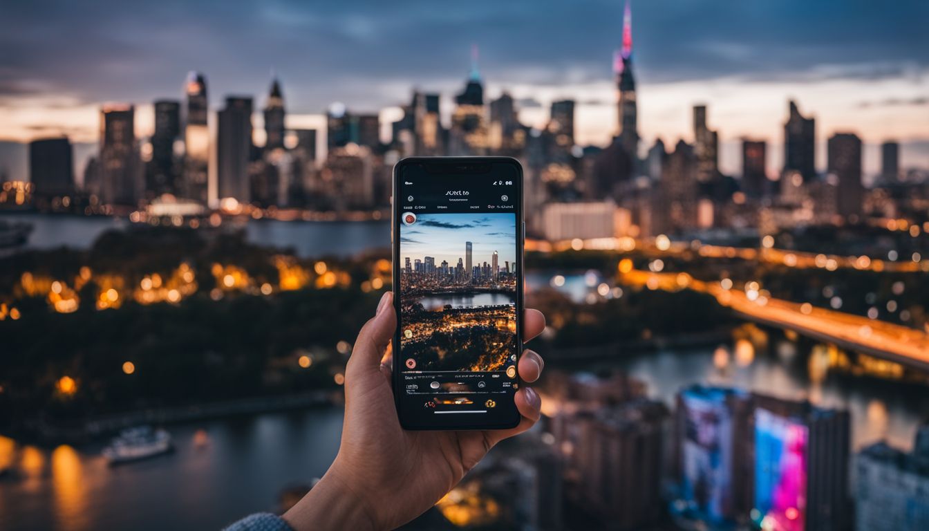 A person holding a phone with social media apps open against a city skyline backdrop.