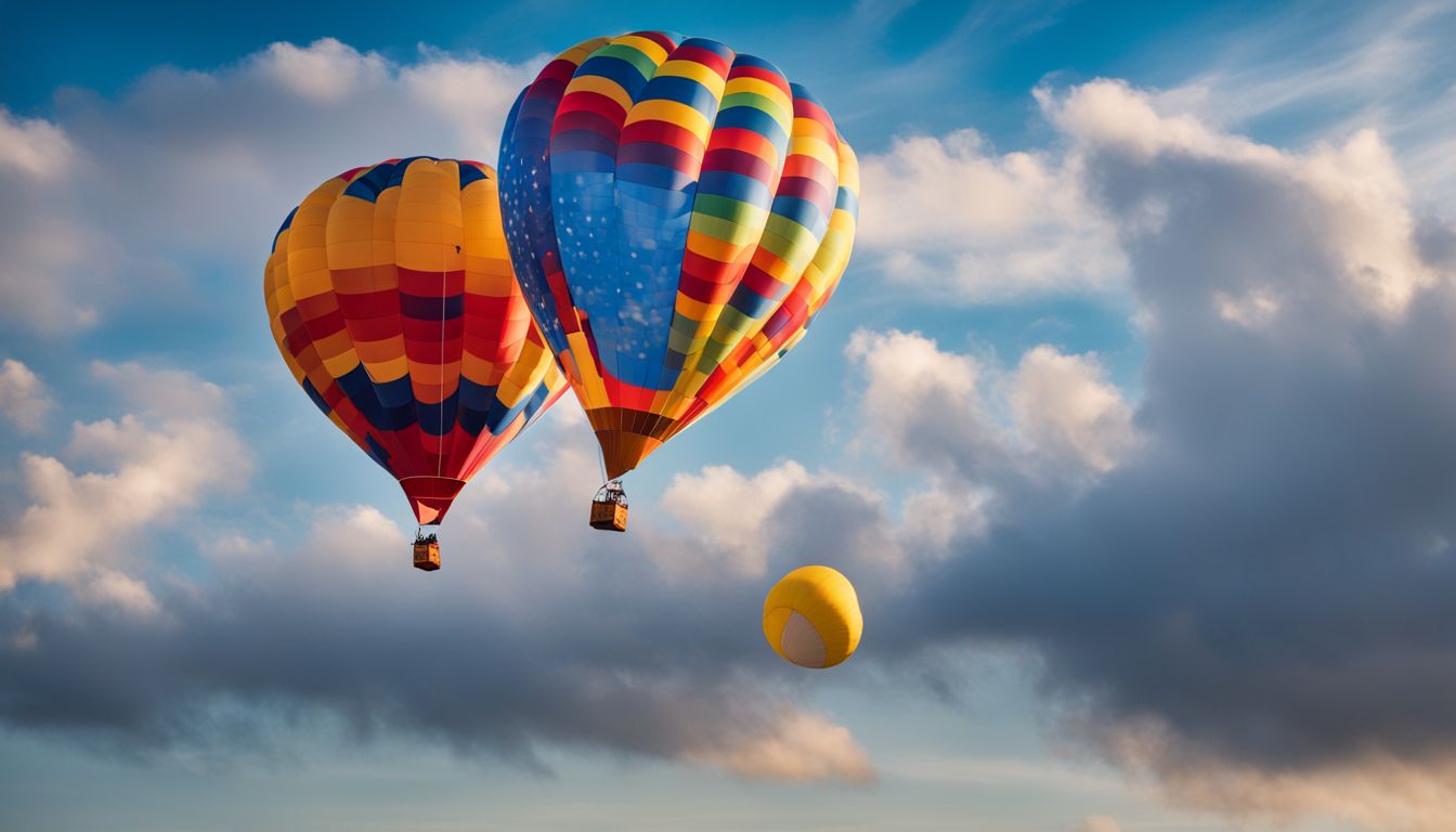 A photo of a vibrant balloon floating in a clear blue sky with various people and diverse styles.
