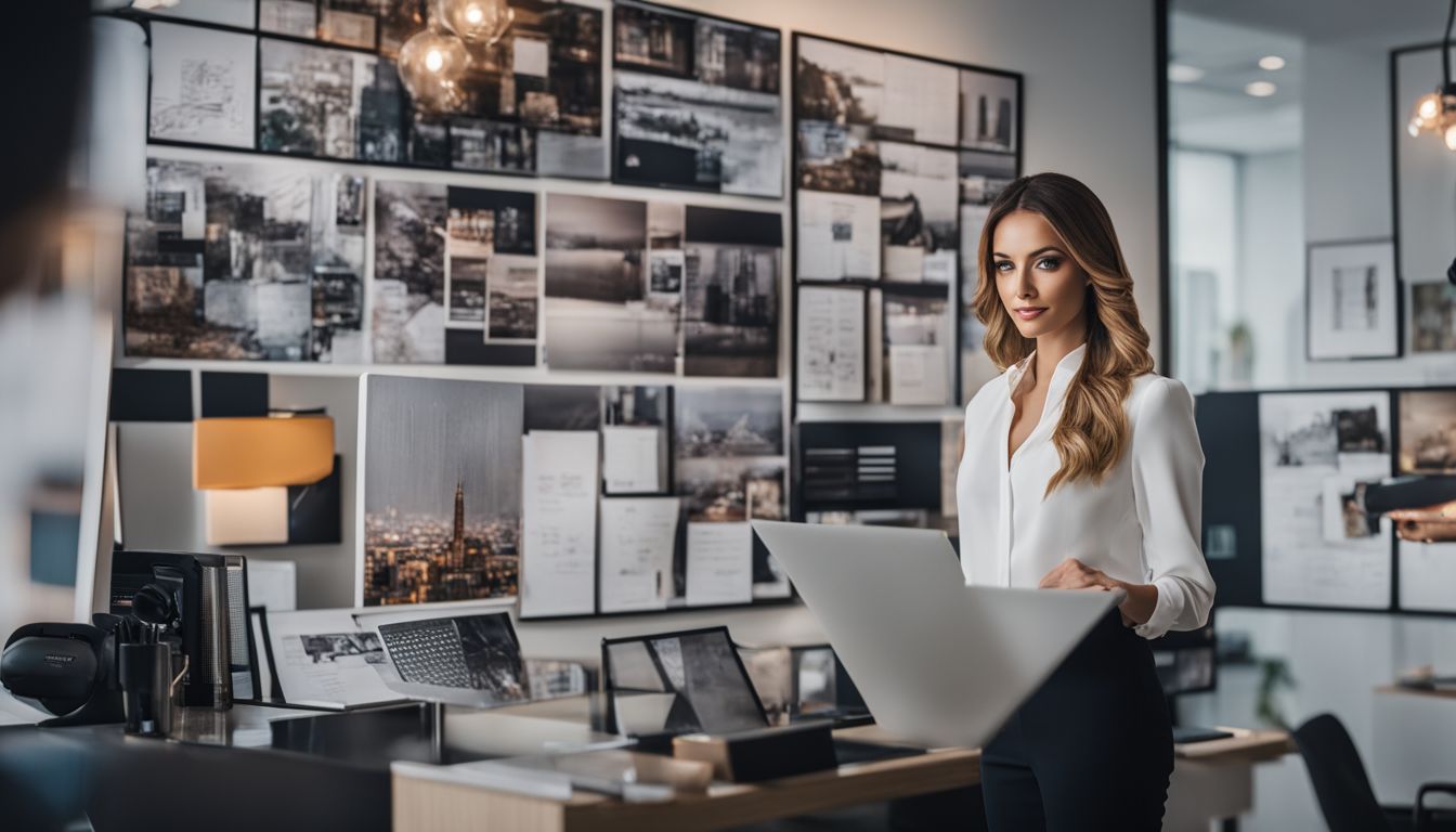 A businesswoman presenting a diverse mood board in a modern office environment.