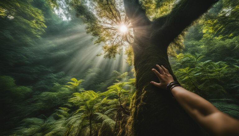 A hand reaching up to the sun through a tree