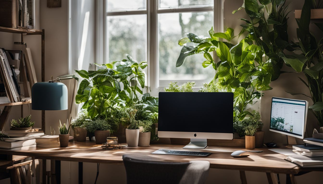 A tidy desk with a computer, surrounded by plants, in a well-lit area.