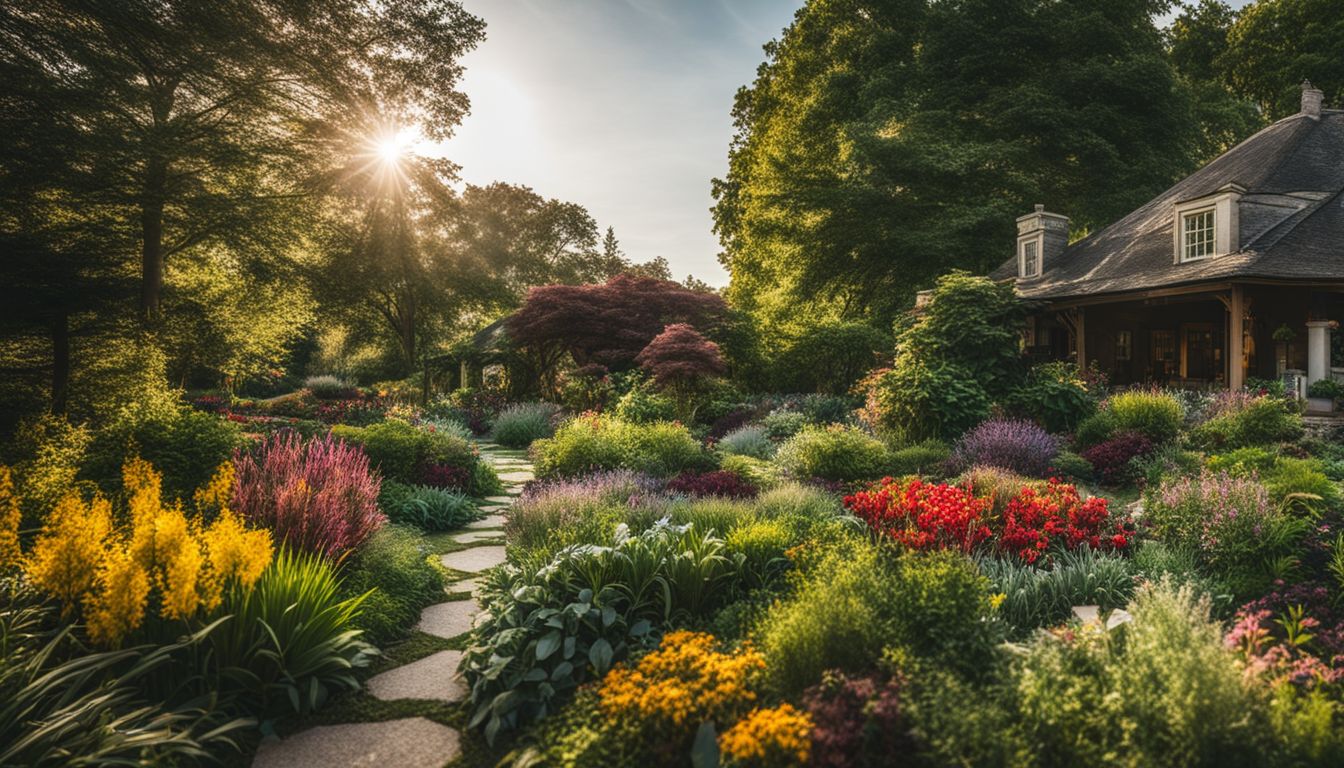 A lively garden with diverse plants and flowers, captured with high-quality photography equipment.