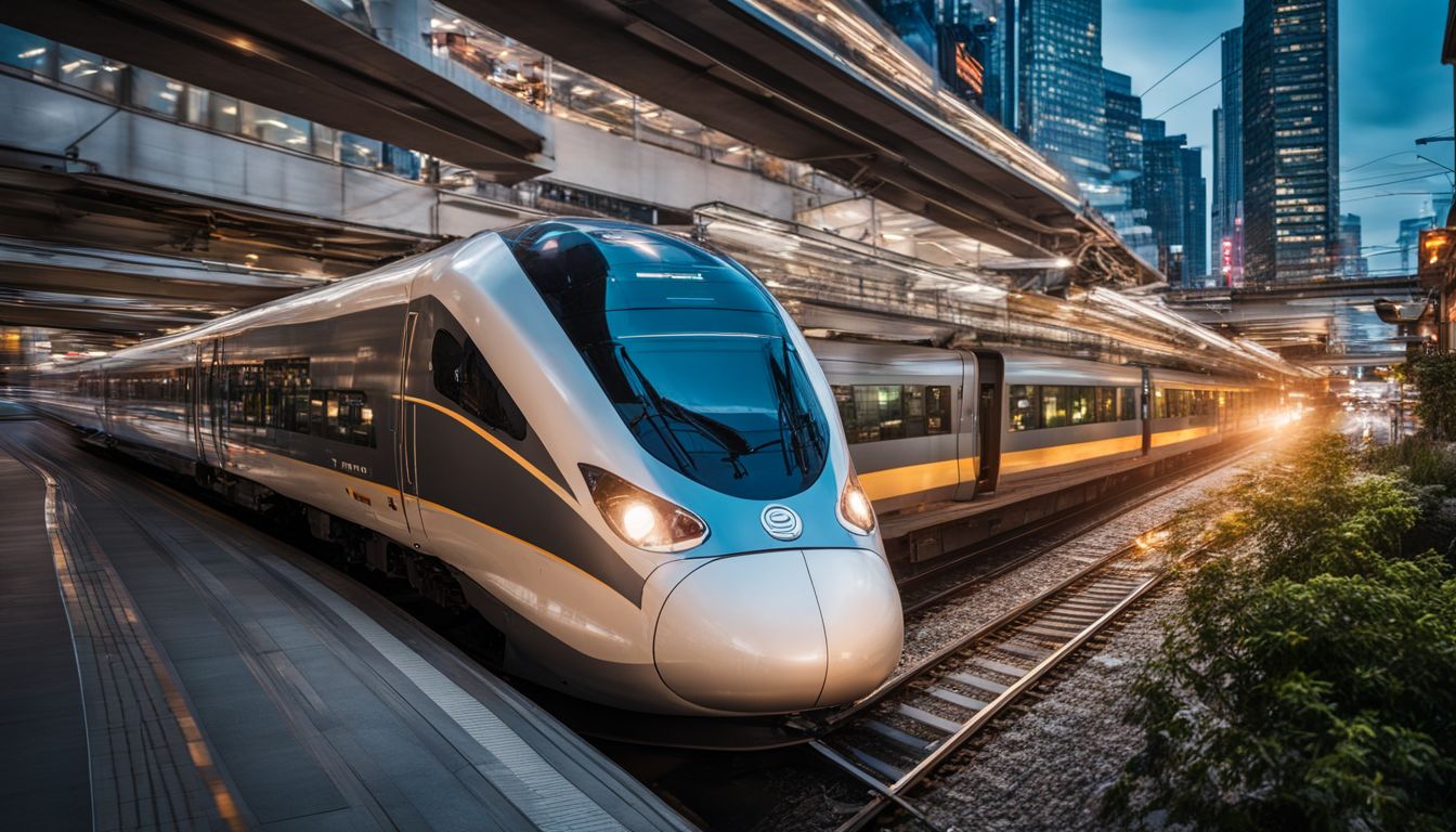 A high-speed train travels through a modern city, capturing the bustling atmosphere and diverse individuals.