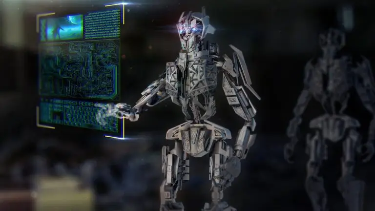 Robot typing on hologram screen